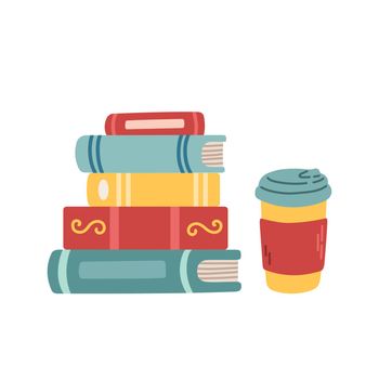 Books, cup coffee or tea on white background vector. Design for greeting card, sale or promotional poster