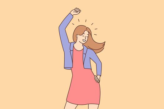 Smiling woman feel excited dancing