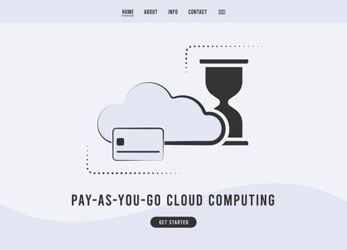 Pay-as-you-go Cloud Computing Payment vector icon. PAYG cloud services purchase. flat design vector e-commerce landing page template with cloud, hourglass and credit card