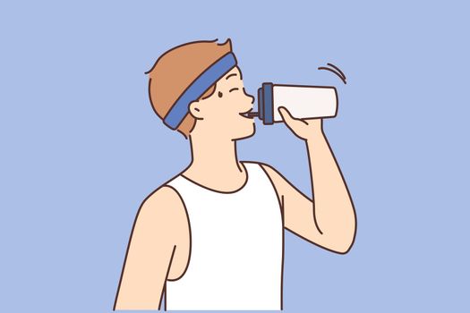 Thirsty young man drink water tired after running or workout. Exhausted guy enjoy beverage training or exercising. Vector illustration.