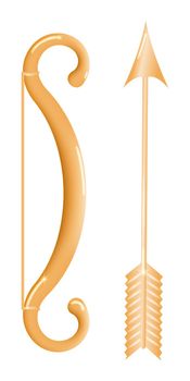Cartoon bow with arrow isolated on white.