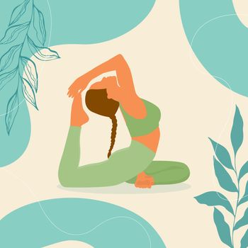 Yoga King Pigeon Pose young woman in Rajakapotasana posture banner with botanical leaves doodle, boho style, pastel colors.