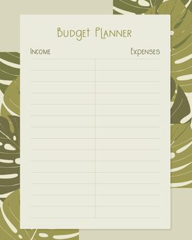 Budget planner template page design with leaves monstera, income and expenses.