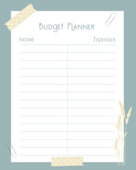 Budget planner template page design with leaves monstera, income and expenses.