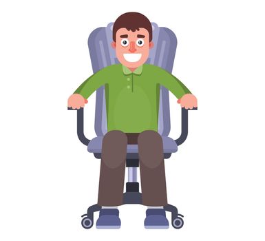 a man sits in an office chair at work.