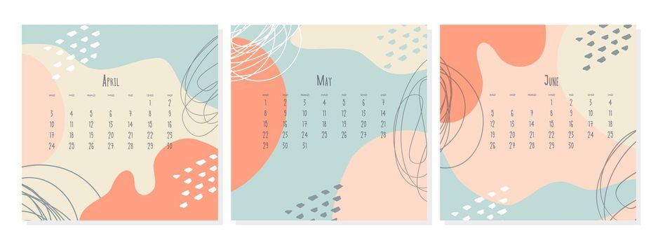 Set of 2023 calendar template by months April May June , calendar cover concept, boho style abstract illustration.