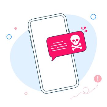 Smartphone with speech bubble and skull and bones on screen. Skull icon. Threats, mobile malware, spam messages, fraud, sms spam concepts. Modern flat design vector illustration