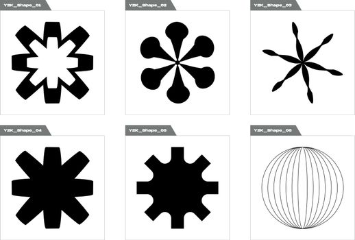 Vector set of Y2K. Brutalism star and flower shapes. Templates for notes, posters.