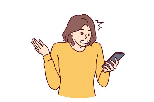 Puzzled woman holding phone and reading unpleasant SMS from bank makes wave of hand. Vector image