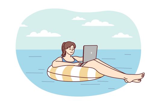 Successful woman floats on air mattress in sea with laptop on lap in sunny resort. Vector image