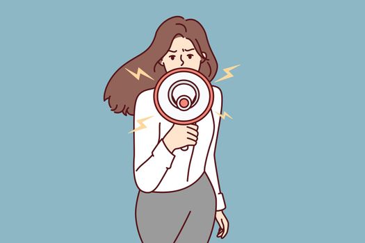 Courageous woman shouting megaphone speaking at civil protest and calling people to action. Long-haired girl holds gramophone in hand and shouts loudly to warn of danger. Flat vector illustration