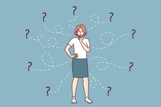 Thoughtful woman solves business problem and scratches chin standing among question. Vector image