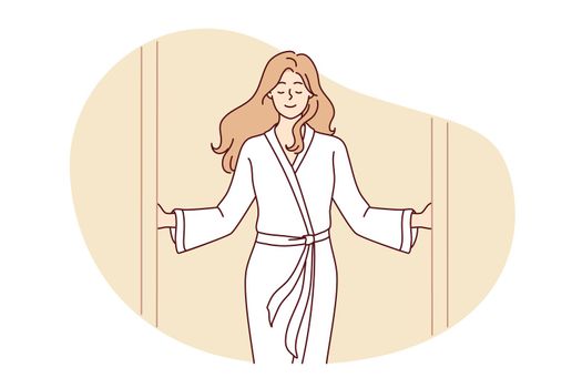 Woman in white coat comes out of shower with satisfied expression feels relieved and gratification. Girl in bathrobe while visiting SPA center looks forward to pleasant procedures. Flat vector image