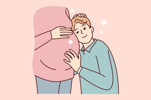 Boy teenager lean against belly of pregnant mother listens to heartbeat unborn child. Vector image