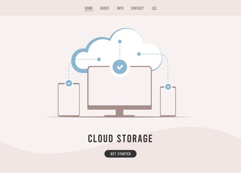 Cloud storage - file-sharing service. Online cloud computing technology. Data between gadgets and the cloud is updated and synchronized. Flat design vector business landing page template