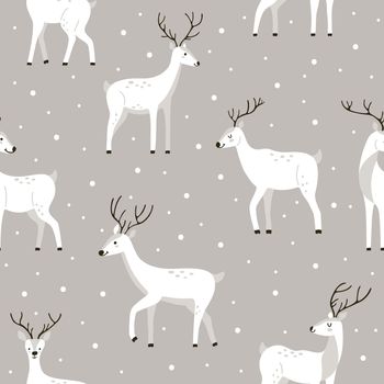 Hand-drawn winter white deer with snow on a gray background in cute style.