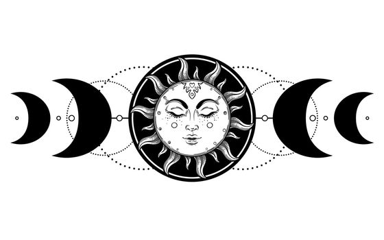 Sun and Triple moon pagan Wicca moon goddess symbol. Three faced Goddess Maiden, Mother, Crone isolated vector illustration. Tattoo, astrology, alchemy, boho and magic symbol
