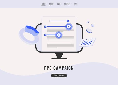 PPC Campaign digital marketing concept. Pay per Click advertising. Building search marketing strategy, selecting selling phrases, ppc impression statistics. Vector business landing page template