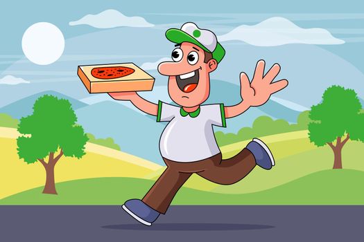 cheerful courier runs with a box of pizza for his client. fast delivery from the bakery.