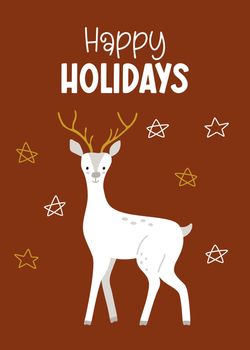 Holiday card with a cartoon deer and a congratulatory inscription in hygge style
