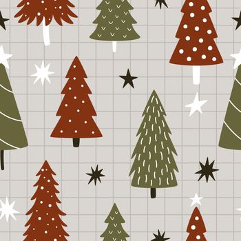 Cute red and gray Christmas trees with abstract decor on a gray checkered background