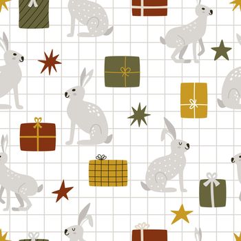 Cute gray rabbits with gift boxes on checkered background.