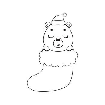 Coloring page cute little bear in Christmas sock. Coloring book for kids. Educational activity for preschool years kids and toddlers with cute animal. Vector stock illustration