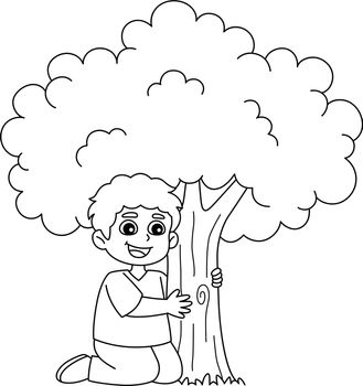 Boy Hugging a Tree Isolated Coloring Page for Kids