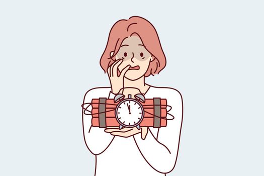 Frightened woman holds bomb with clockwork and does not know how to stop explosion. Vector image