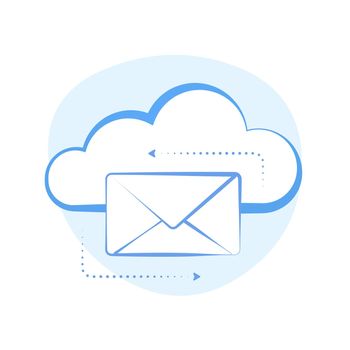 Email Cloud Service with online message concept. Cloud hosting communication with distance access to messages. Cloud-based email service storage flat design vector icon