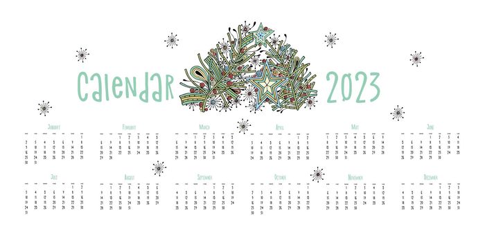 Calendar 2023 horizontal poster, doodle stylized stars decoration and Christmas tree.