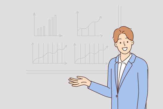 Smiling businessman make presentation in office. Happy confident male employee or coach present financial project on board. Finance and business. Vector illustration.