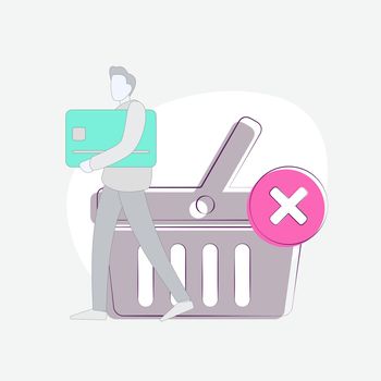 Shopping Cart Abandonment Ecommerce concept. A potential customer holds a bank card under his arm and leaves without making or completing a purchase
