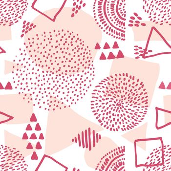 Viva Magenta retro vector abstract seamless pattern in geometric style. Vector form a triangle, a line, a circle. Hipster vector fashion Memphis style seamless pattern. Color of the year 2023. Vector illustration
