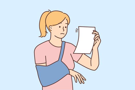 Confused woman with broken arm read prescription