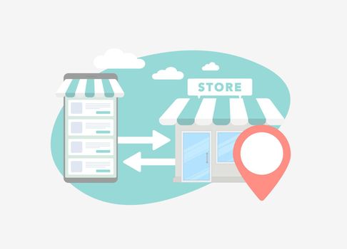Online to offline - O2O ecommerce concept. Pickup, fitting and checking online order from an offline store. Mobile shopping and mall store building retail marketing strategy
