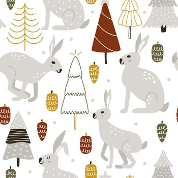Hares among pine cones and Christmas trees in a pine forest in hygge style.