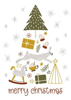 Vector cute postcard or poster for Merry Christmas with trees, rabbit, gift box, stars, and horse