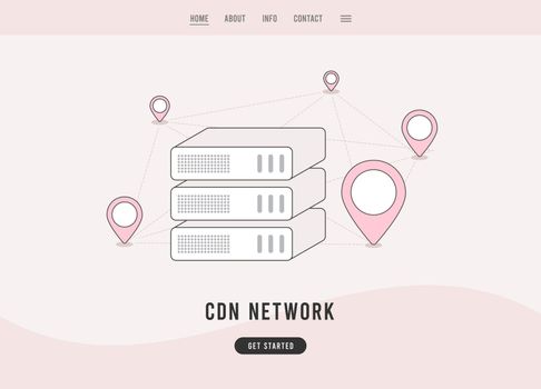 Content delivery network - CDN concept. Geographically distributed data centers, network of proxy servers. Linear outline flat design vector e-commerce landing page template