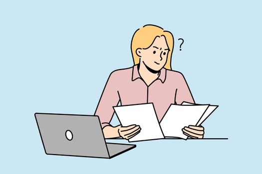 Frustrated woman feel confused with paperwork