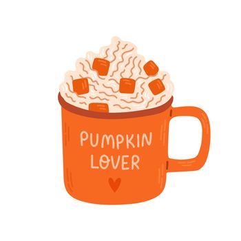 Pumpkin spice latte coffee cup for autumn menu or greeting card design. Vector