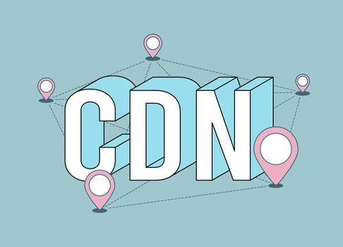 CDN Content delivery network modern flat thin line illustration with isometric acronym abbreviation CDN text. Geographically distributed data centers, network of proxy servers. Linear isolated icon