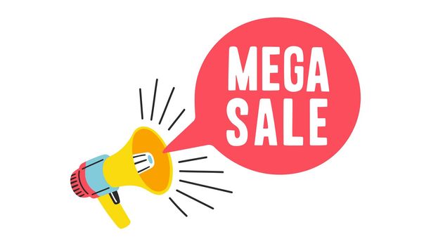 Banner announcing mega sale in megaphone. Promotion poster template super sale vector illustration
