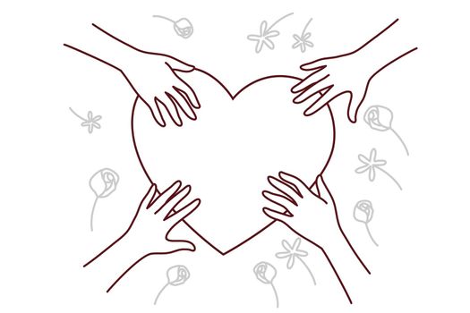 Close-up of hands near heart sign share love and care. Diverse people touching heart show affection and gratitude. Vector illustration.