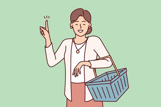Positive woman with grocery shopping cart showing finger up after coming up with idea. Vector image