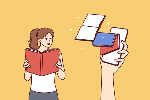 Surprised woman with textbook sees giant hand with phone with books in screen. Vector image