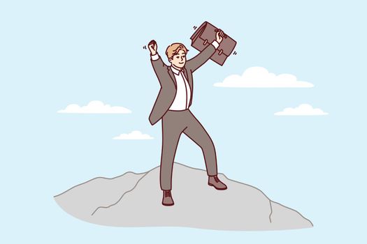 Confident business man standing on mountain raising hands up joy of career success. Vector image