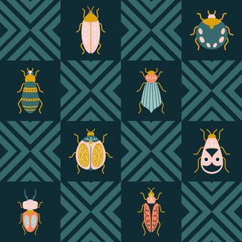 Colorful insects, beetle, and bugs in art deco style