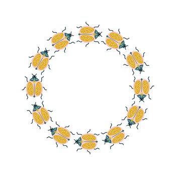 Vector symmetrical circle wreath with bugs and bees in art deco style