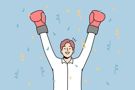 Overjoyed businessman in boxing gloves celebrate business success or win. Smiling male employee or worker triumph with victory. Vector illustration.